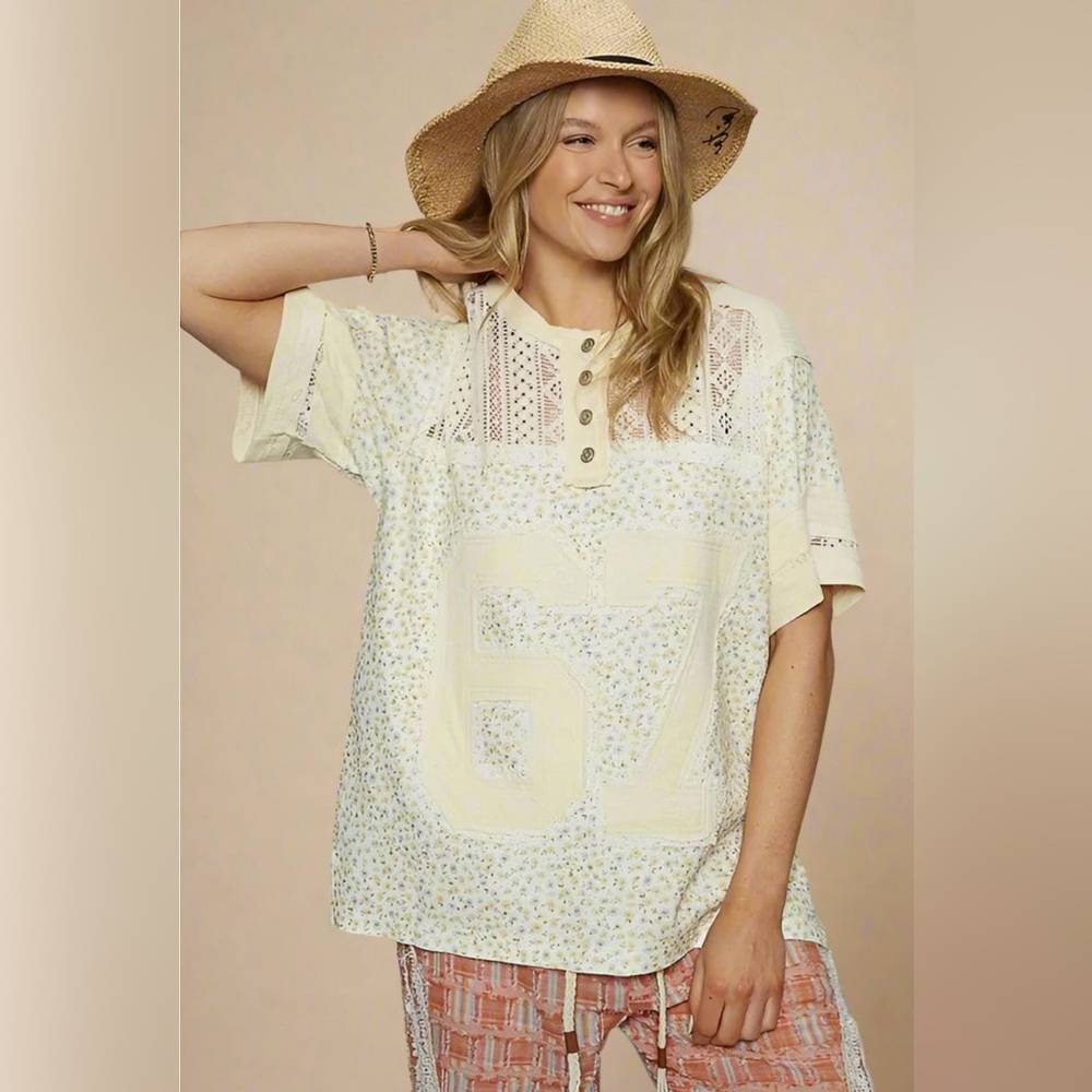 🛍️NWOT POL Large Yellow/Cream Button Down Shirt with Lace Details